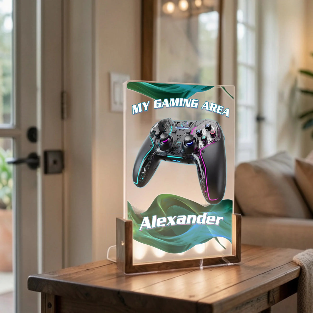 personalisierte-led-lampe-mit-controller-motiv-als-geschenk-fuer-gamer-auf-wohnzimmertisch