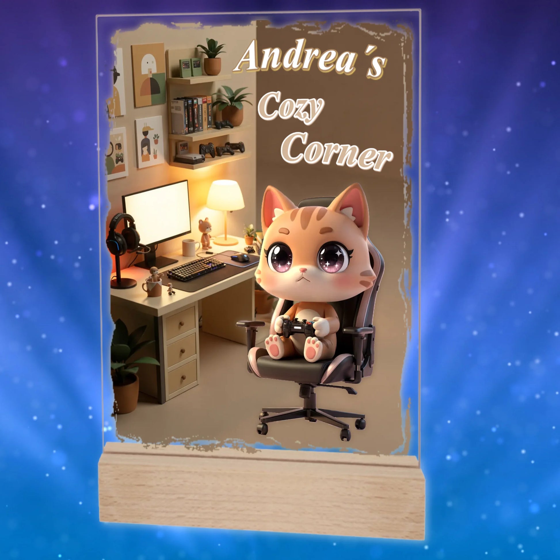 personalisierter-gaming-aufsteller-mit-name-und-katze-warm-setup