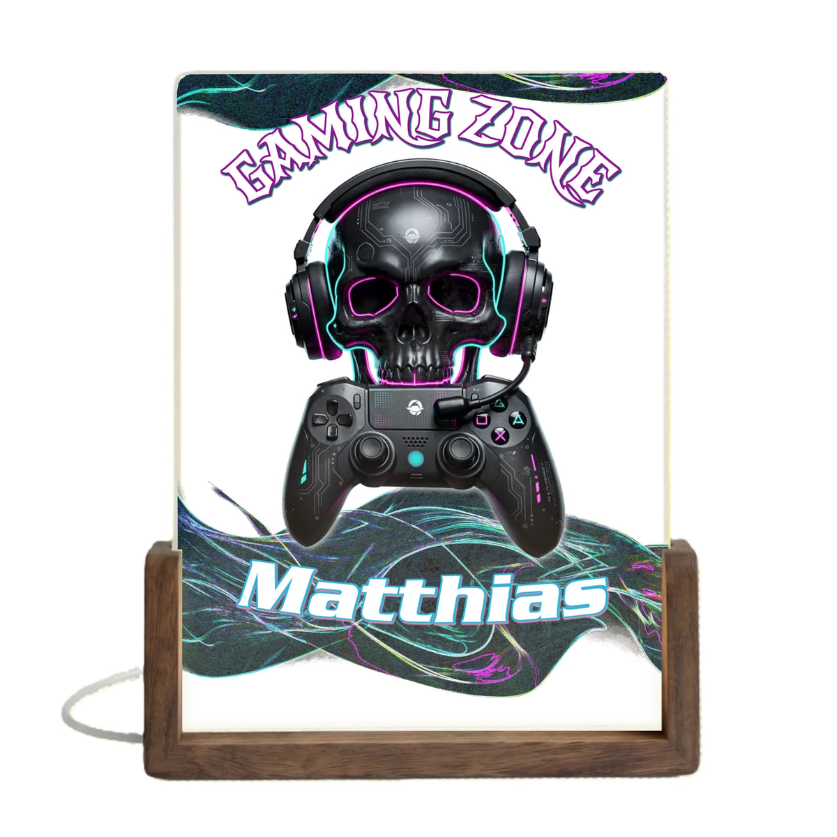 schwarzer-totenkopf-mit-headset-ueber-controller-mit-tuerkisen-pinken-akzenten-und-gruen-blauem-wellendesign