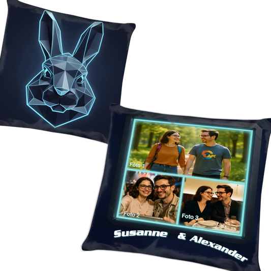 kissen-40x40-mit-fotocollage-und-namen-vorderseite-und-polygon-hase-rueckseite