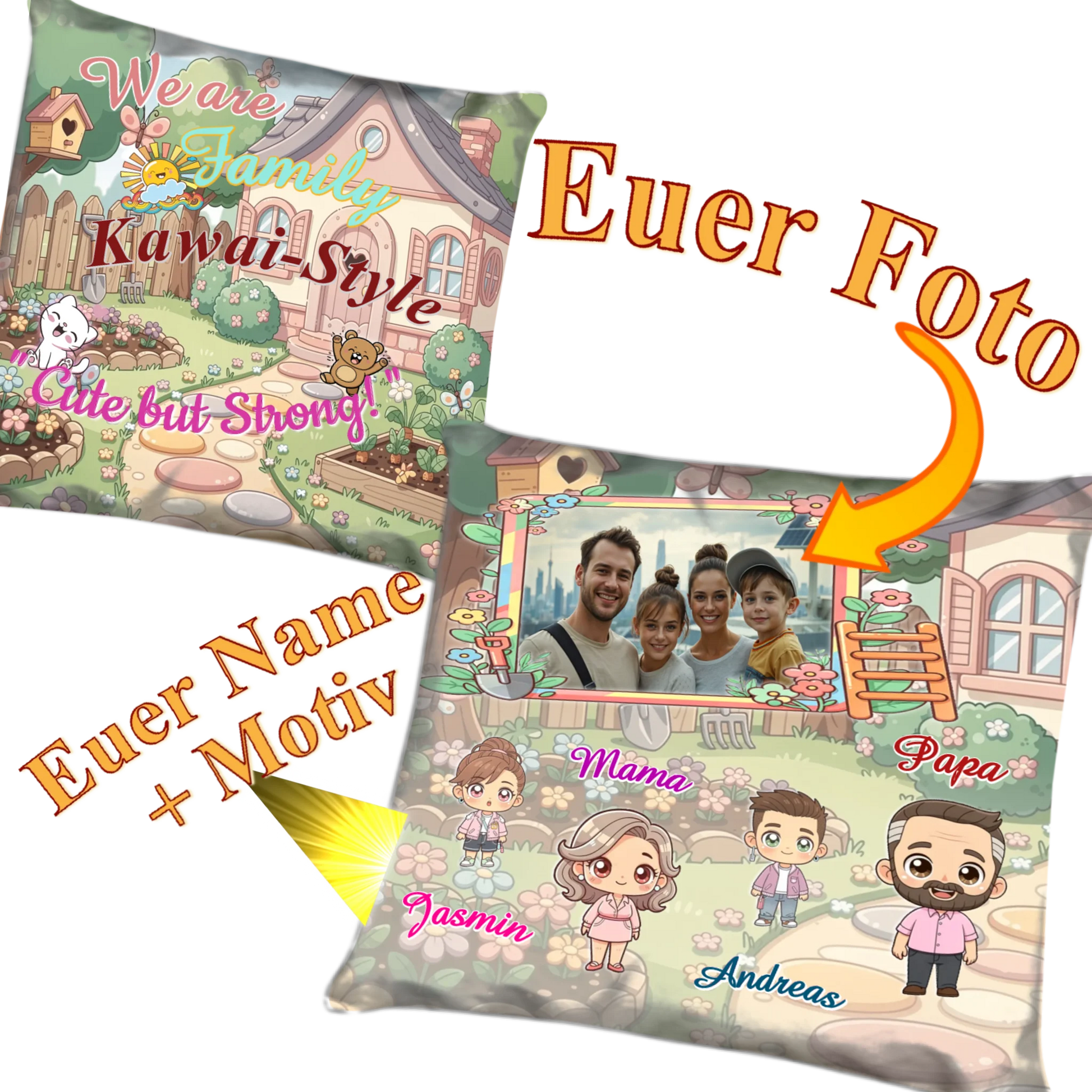 kawaii-kissen-familie-40x40-cm-personalisiert-beidseitig-mit-foto-namen-und kawaii-charactere
