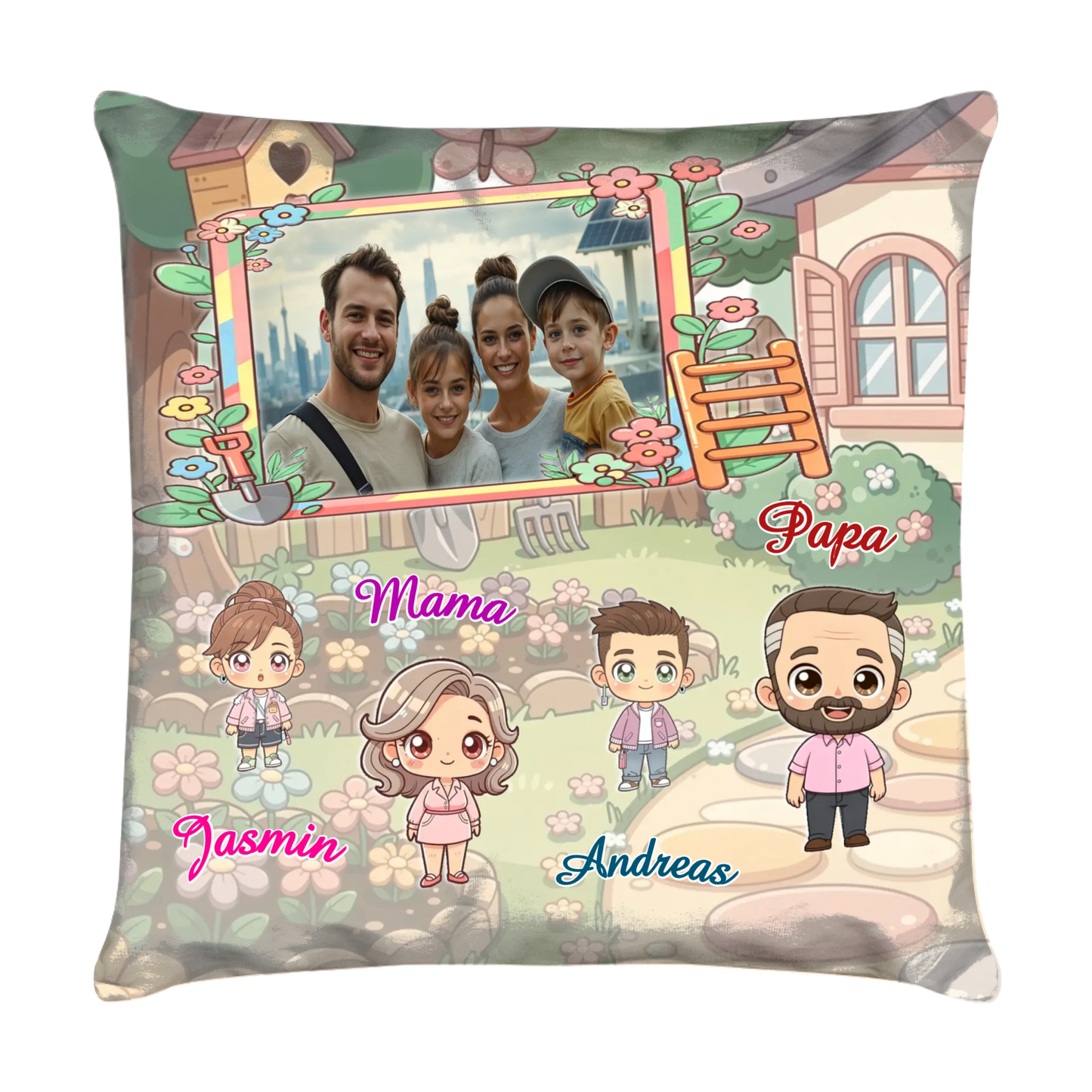 kawaii-kissen-40x40cm-vorderseite-mit-familienfoto-und-kawaii-charaktere-mit-personalisierten-namen