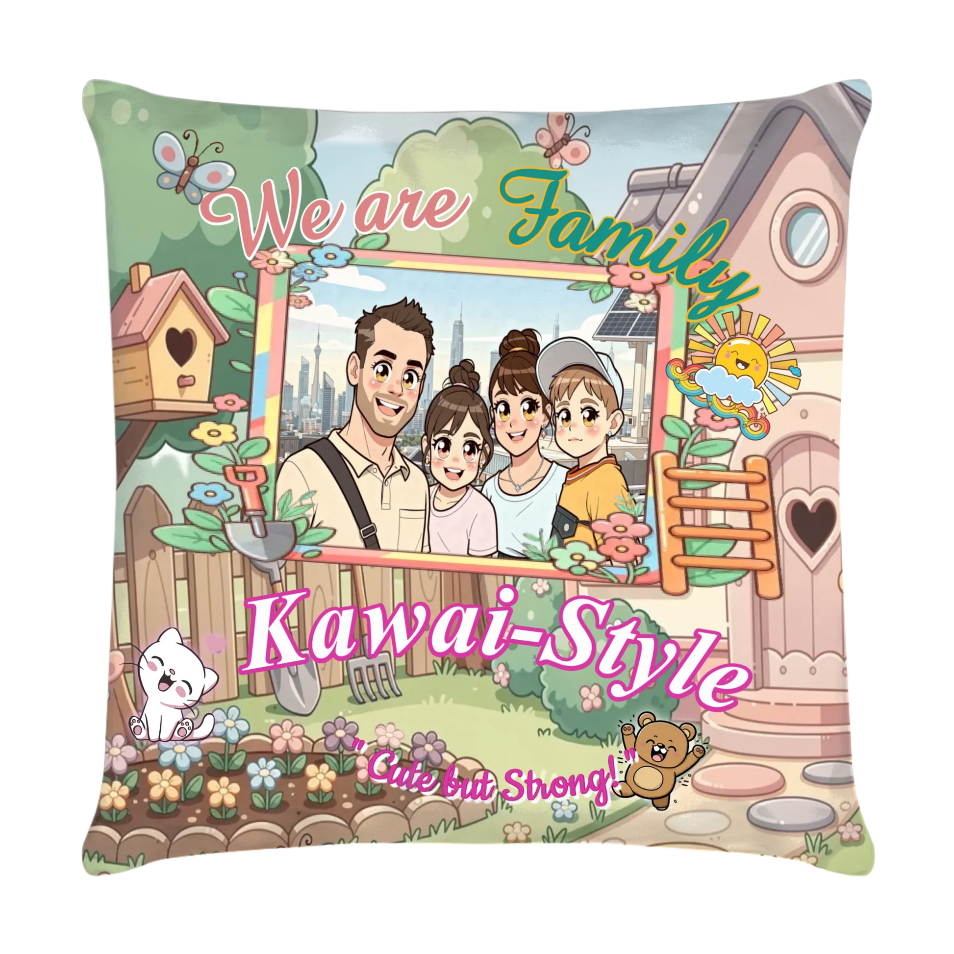 fotokissen-familie-40x40-cm-vorderseite-mit-foto-als-kawaii-comic-und-personalisiert-mit-familienname