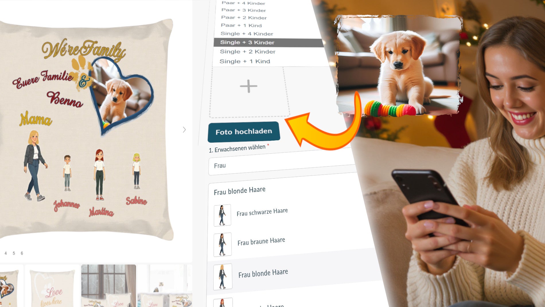 frau-mit-handy-gestaltet-familien-kissen-bild-zeigt-menu-mit-single-mit-3-kindern-hochgeladenes-foto-von-hund-und-verschiedene-avatare-zur-auswahl