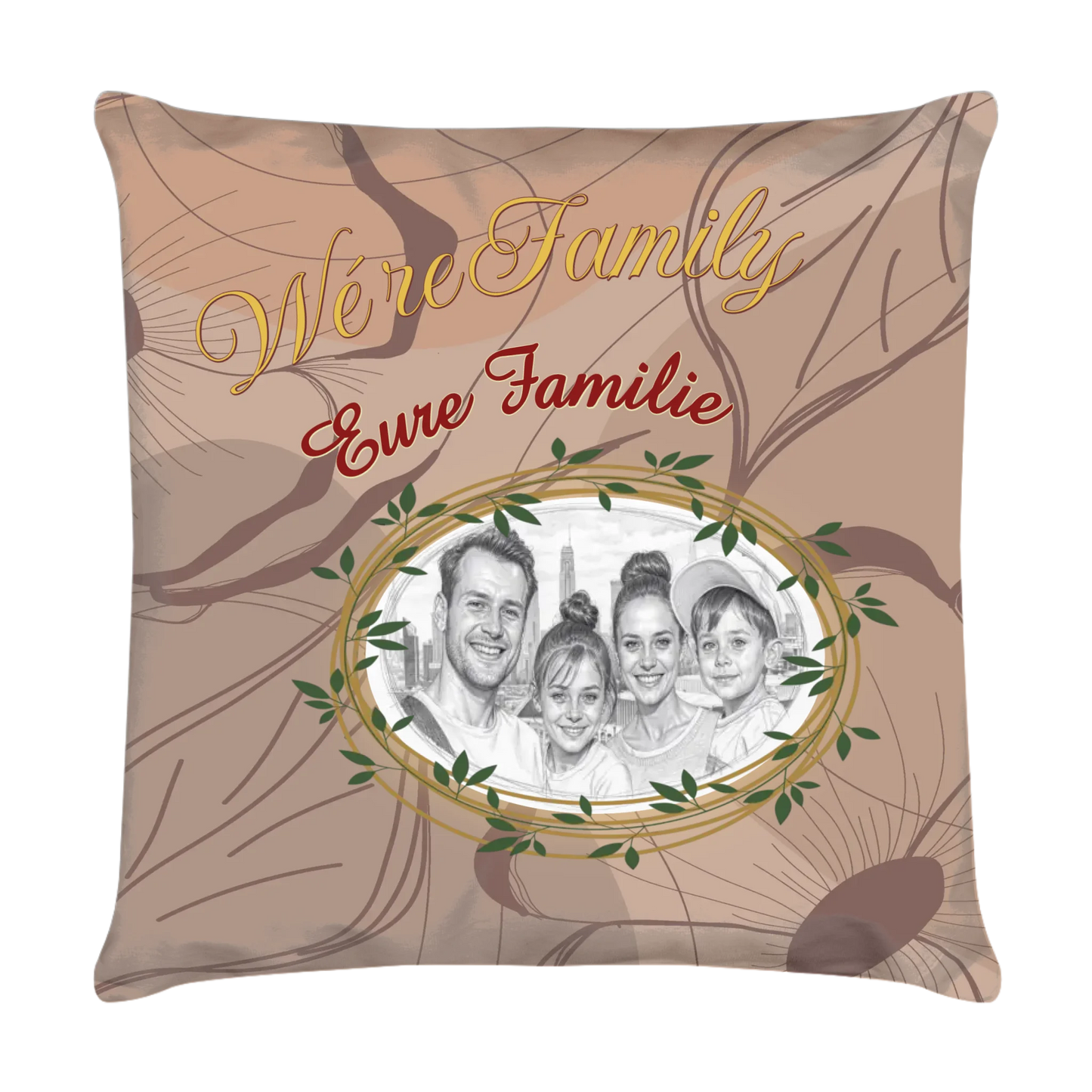 kissen-familie-personalisiert-mit-foto-als-zeichnung-und-familienname-40x40-cm-braun-vorderseite