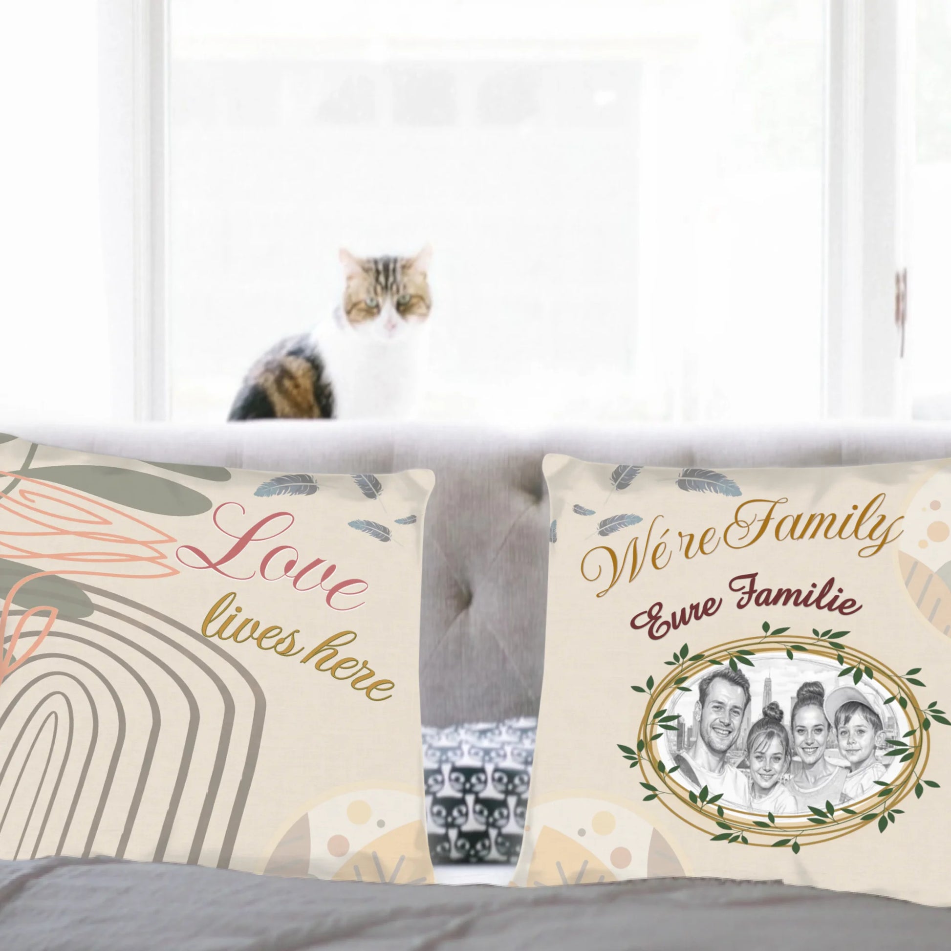familien-kissen-personalisiert-mit-foto-als-zeichnung-und-familienname-40x40-cm-creme-vorderseite-und-rueckseite-auf-couch