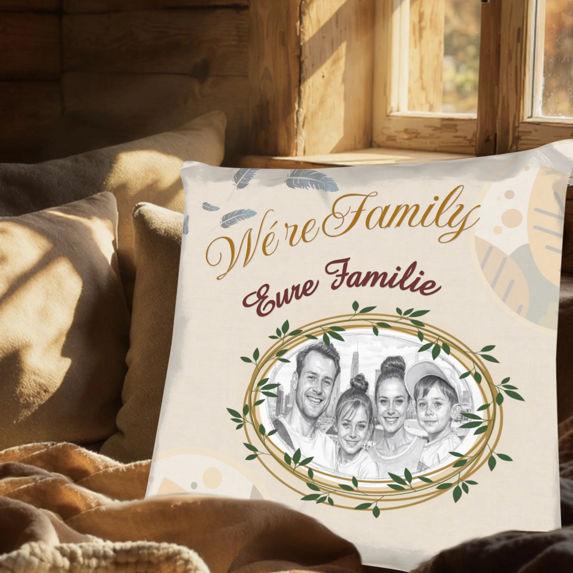 kissen-familie-mit-name-und-foto-als-zeichnung-personalisiert-auf-sofa-neben-rustikalem-holzfenster