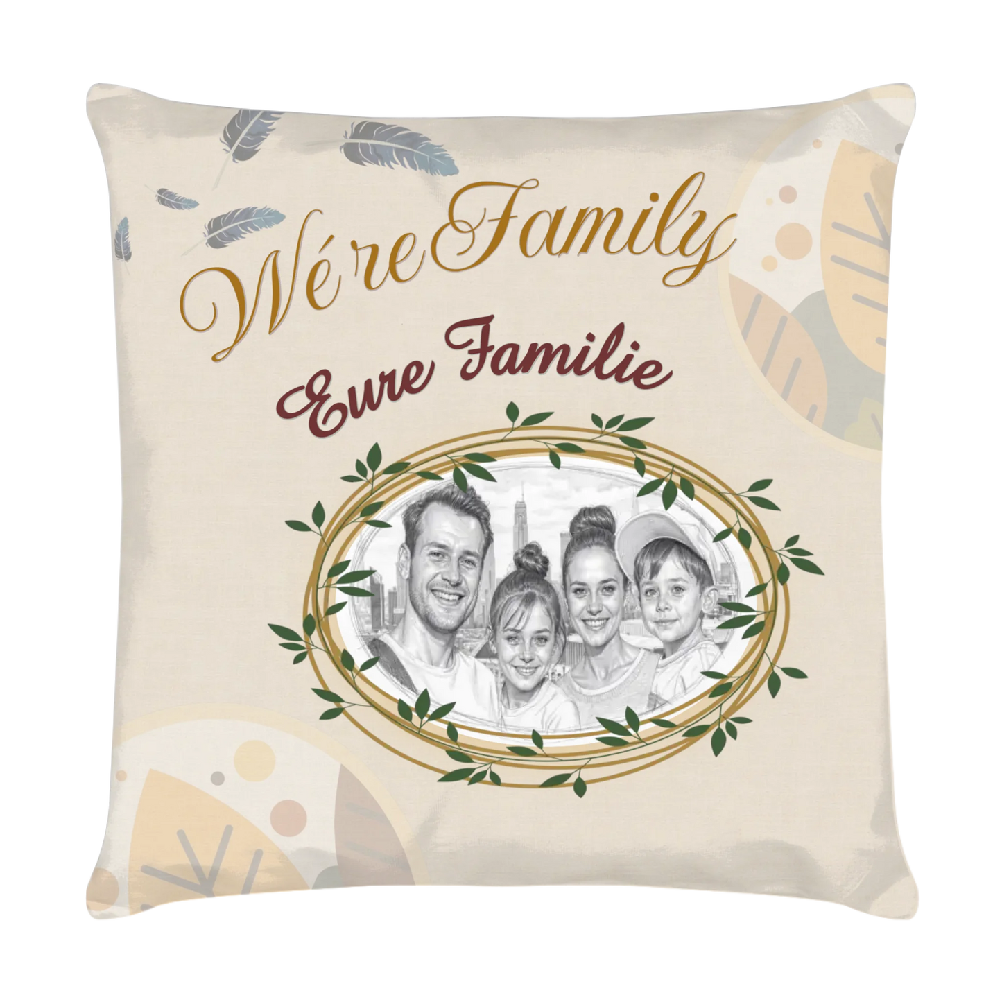 kissen-familie-personalisiert-mit-foto-als-zeichnung-und-name-40x40-cm-creme-vorderseite
