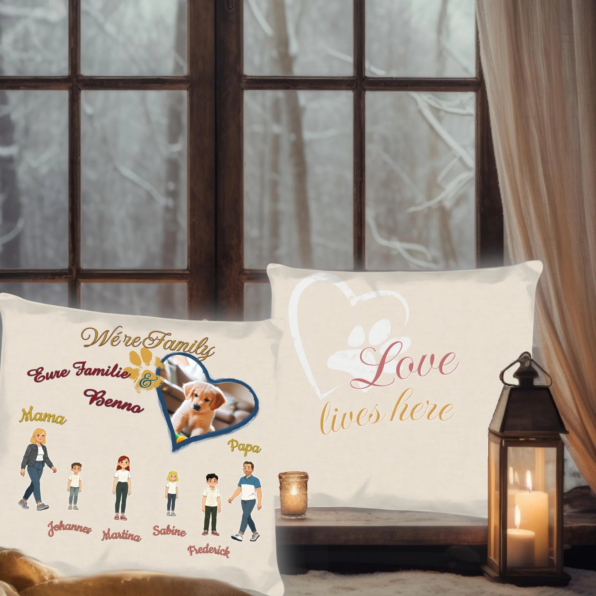 familienkissen-personalisiert-mit-illustrierter-familie-und-foto-von-hund-40x40-cm-vorderseite-und-rueckseite-auf-fensterbank-im-winter