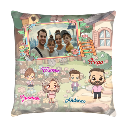 kawaii-kissen-40x40cm-vorderseite-mit-familienfoto-und-kawaii-charaktere-mit-personalisierten-namen