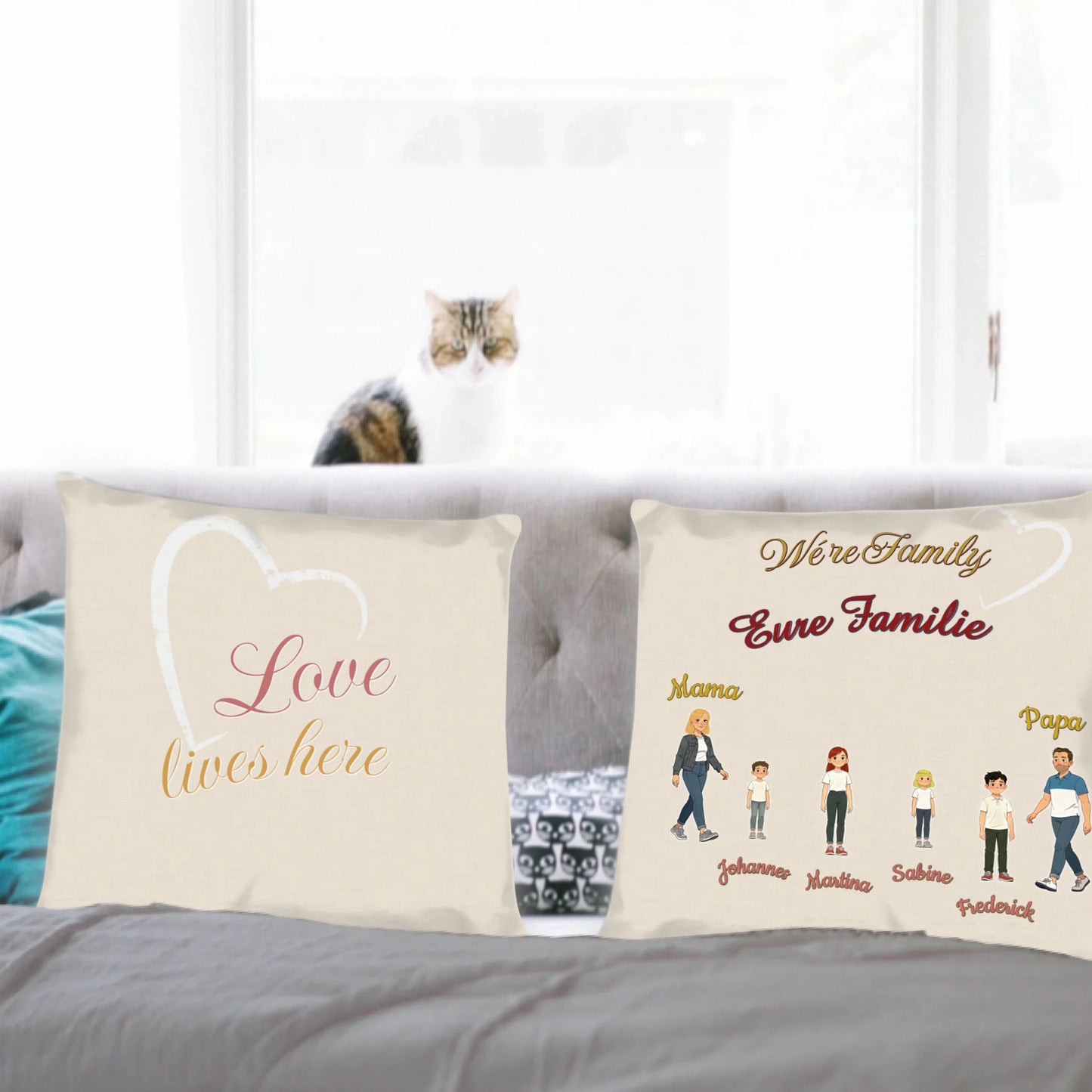 personalisiertes-kissen-familie-mit-namen-und-motiv-illustrierter-familie-vorderseite-und-rueckseite-auf-couch