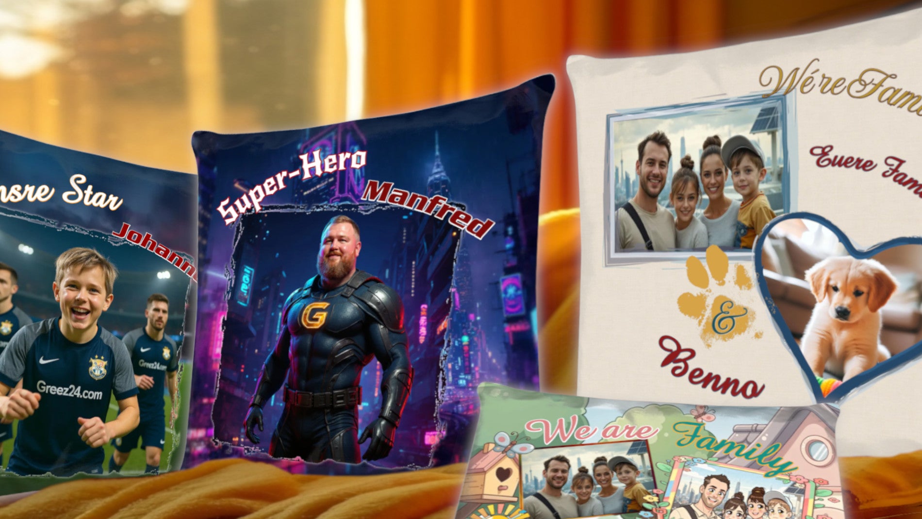 personalisierte-foto-kissen-mit-text-familienfotos-mit-haustier-und-foto-generiert-zu-superheld-und-fußballspieler