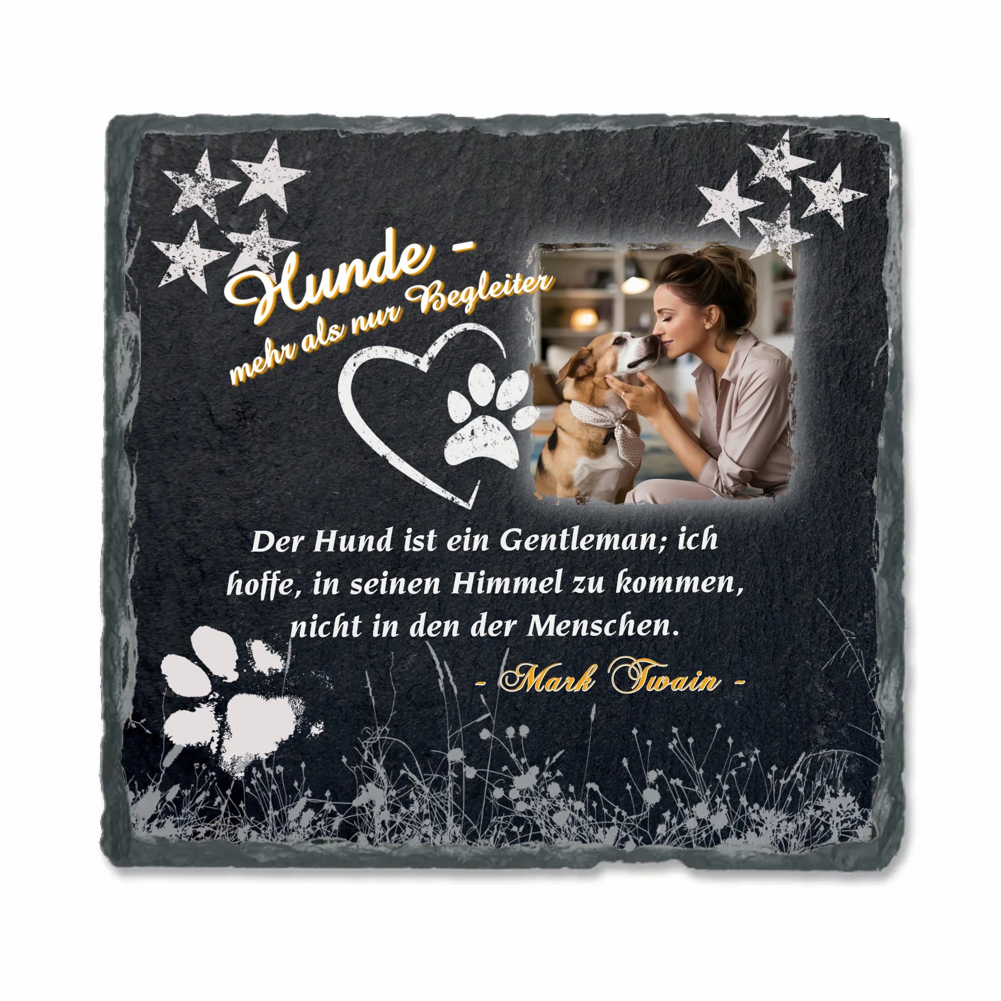 schieferplatte-15x15cm-schwarz-personalisiert-wichtelgeschenk-mit-eigenem-foto-und-einem-von-sechs-hunde-zitaten-design-in-weiss-mit-pfotenabdruck-und-sternen-in-den-ecken