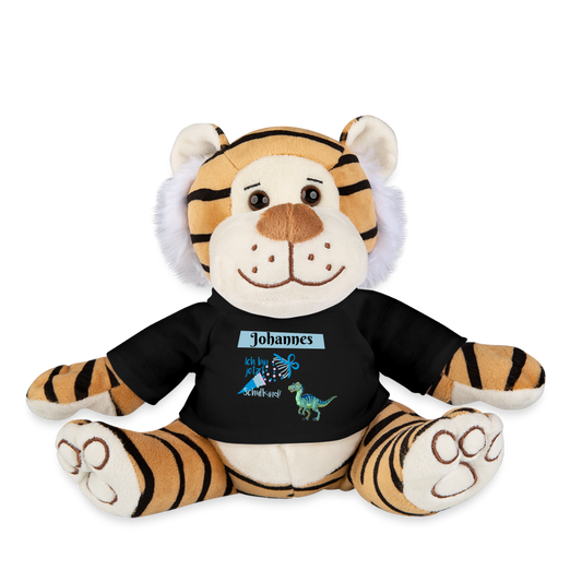 stofftier-tiger-28x21cm-mit-schwarzem-mit-namen-personalisiertem-shirt-auf-dem-ein-dinosaurier-und-eine-schultuete-mit-schriftzug-ich-bin-jetzt-schulkind-abgebildet-sind