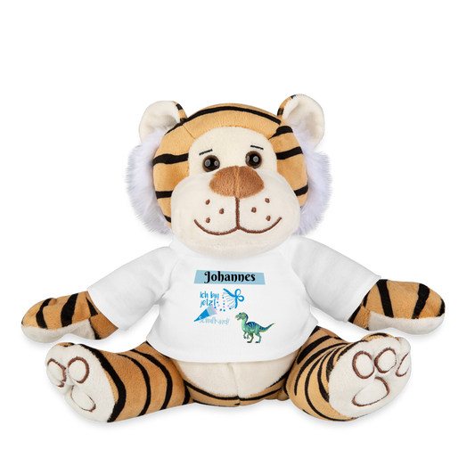 stofftier-tiger-28x21cm-mit-weissem-mit-namen-personalisiertem-shirt-auf-dem-ein-dinosaurier-und-eine-schultuete-mit-schriftzug-ich-bin-jetzt-schulkind-abgebildet-sind