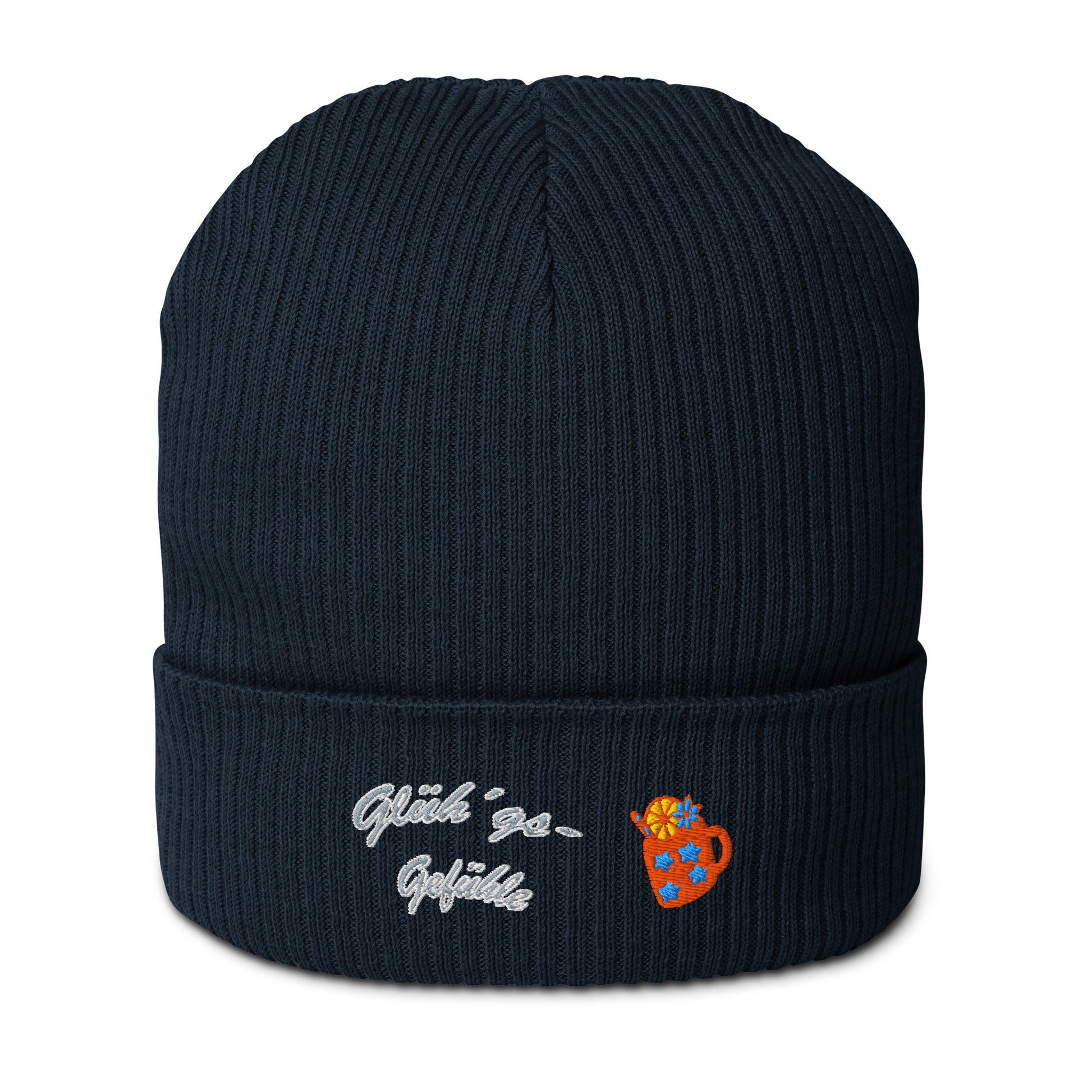 muetze-beanie-baumwolle-bestickt-mit-motiv-glühg´s-gefühle-tasse-navy-blau