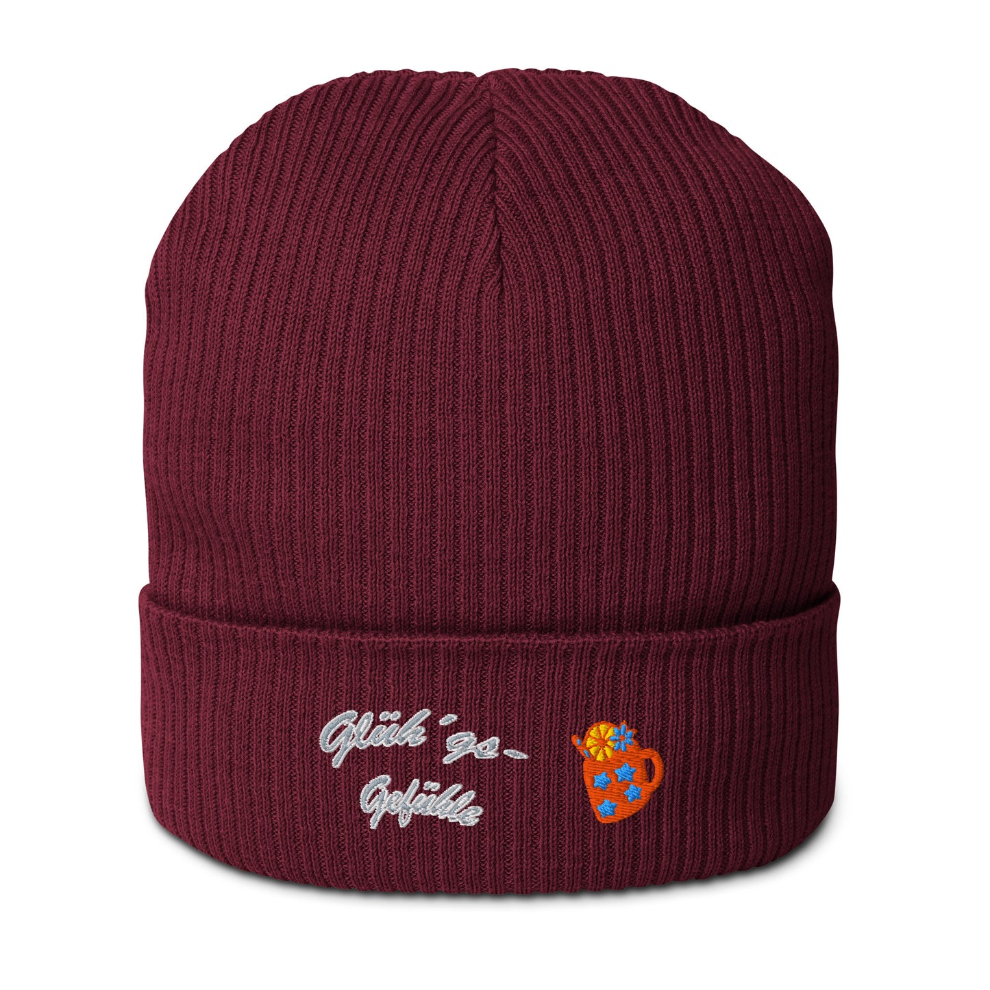 muetze-beanie-baumwolle-bestickt-mit-motiv-glühg´s-gefühle-tasse-weinrot