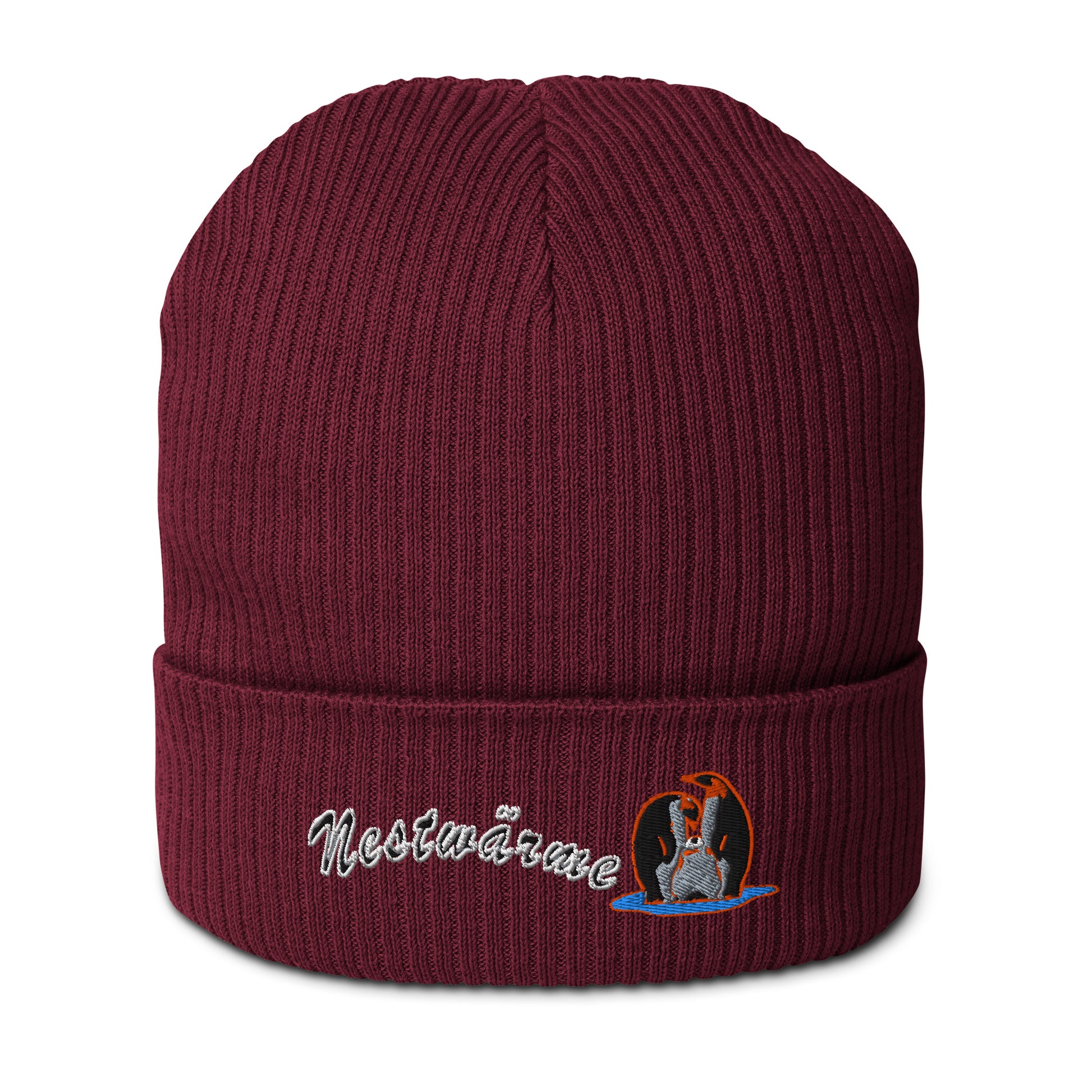 mütze-beanie-baumwolle-bestickt-mit-motiv-nestwärme-pinguin-weinrot