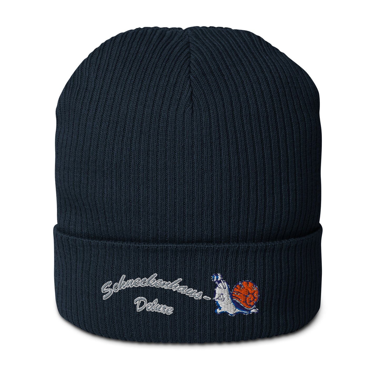 mütze-beanie-baumwolle-bestickt-mit-motiv-schneckenhaus-deluxe-schnecke-navy-blau