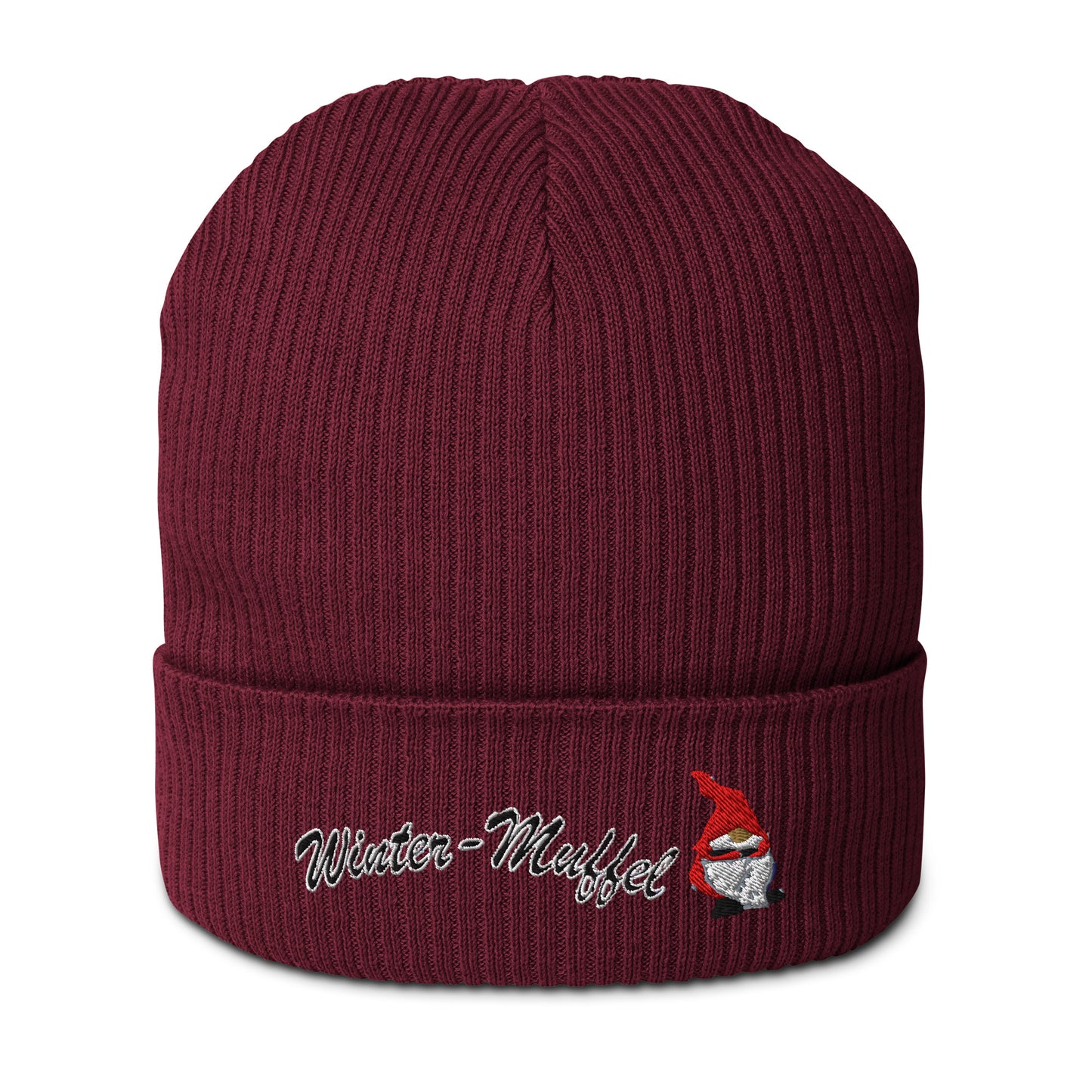 mütze-beanie-baumwolle-bestickt-mit-motiv-wintermuffel-wichtel-weinrot