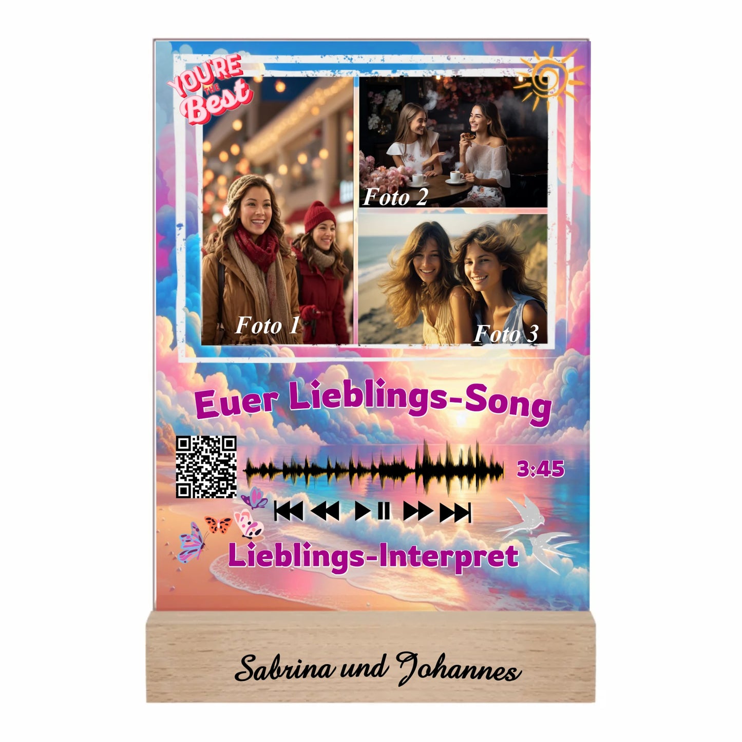 acrylglas-15x20cm-mit-graviertem-standfuss-aus-echtholz-acrylglas-mit-3-fotos-und-ausgewähltem-songtitel-und-interpret-mit-qr-code-design-hintergrund-pastell-rosa-und blau-in-verschiedenen-farbtoenen-standfss-graviert-mit-namen-oder-wunschtext