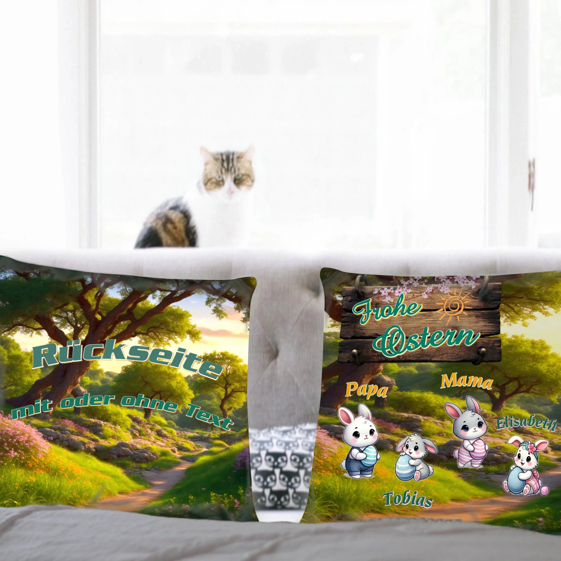 kissen-ostern-40x40-personalisiertes-geschenk-für-familie-zu-ostern-mit-namen-und-osterhasen-vorderseite-und-rueckseite-auf-couch