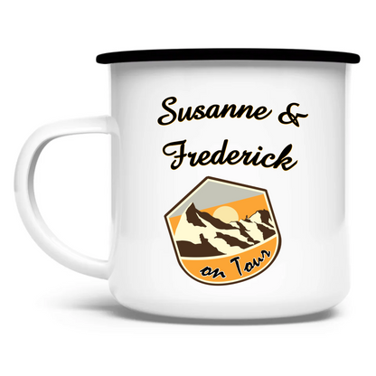 emaille-tasse-schwarzer-rand-vorderseite-mit-namen-und-wappen-mit-bergmotiv