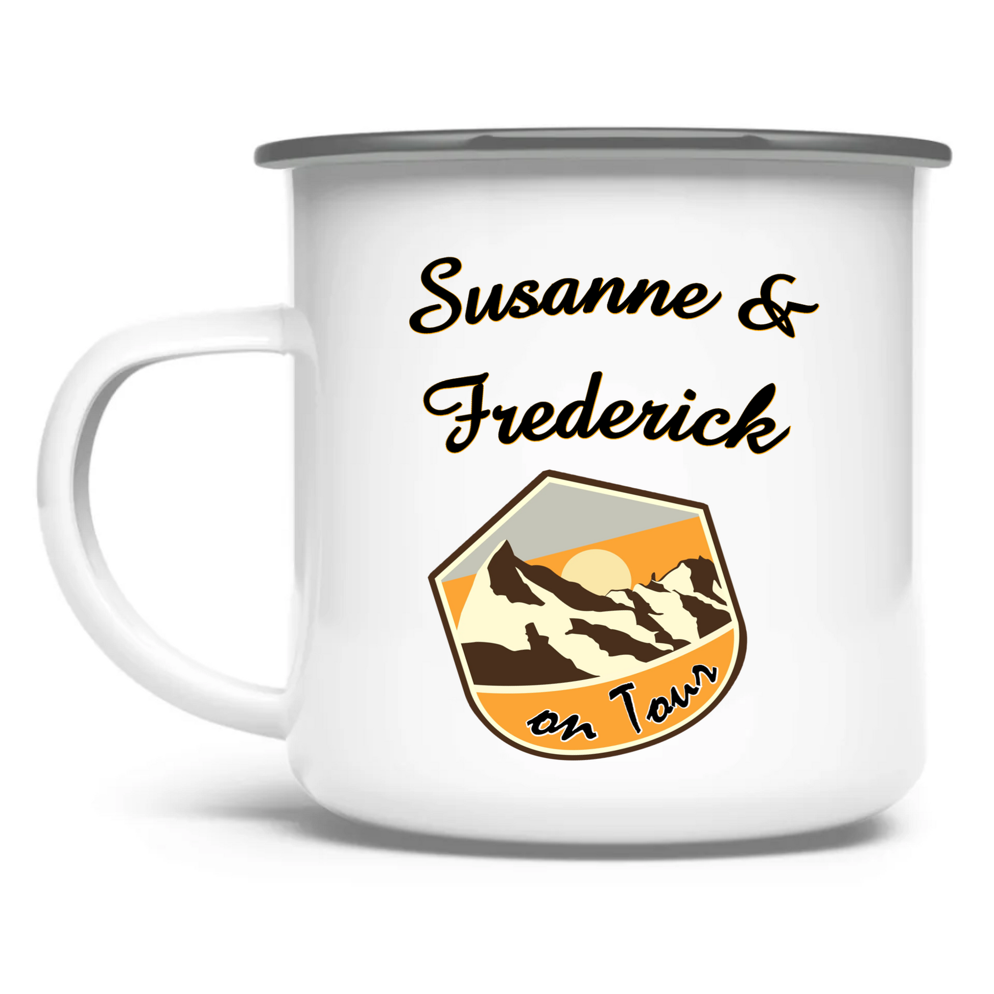emaille-tasse-silberner-rand-vorderseite-mit-namen-und-wappen-mit-bergmotiv