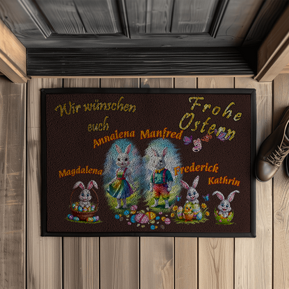 fußmatte-braun-mit-schriftzug-frohe-ostern-und-bis-zu-5-mit-namen-personalisierbare-bunten-osterhasenmotive