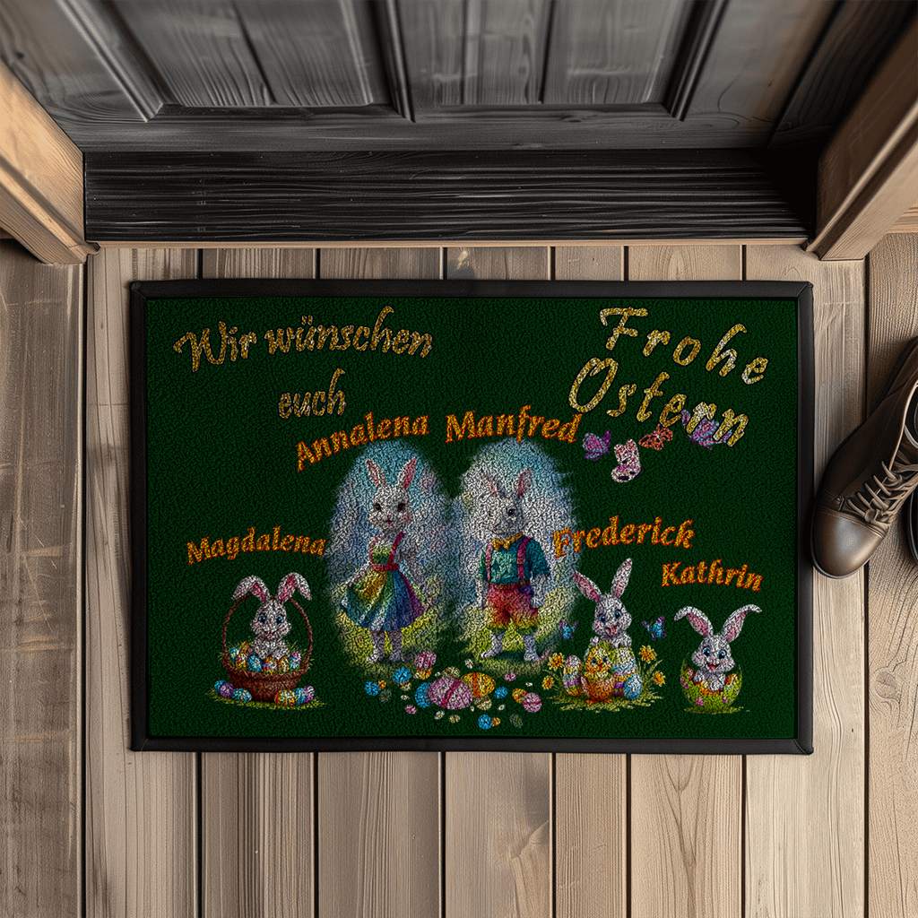 fußmatte-dunkelgruen-mit-schriftzug-frohe-ostern-und-bis-zu-5-mit-namen-personalisierbare-bunten-osterhasenmotive