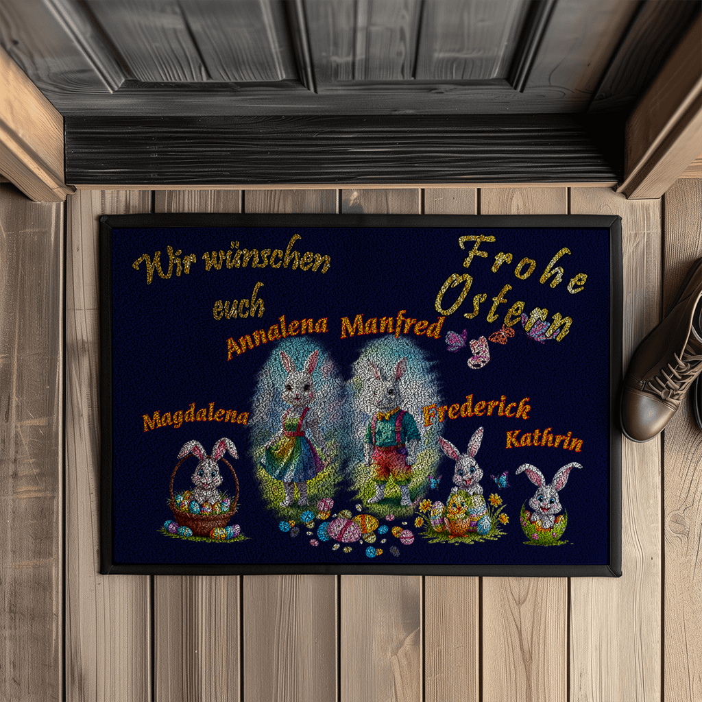 fußmatte-navyblau-mit-schriftzug-frohe-ostern-und-bis-zu-5-mit-namen-personalisierbare-bunten-osterhasenmotive