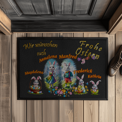 fußmatte-schwarz-mit-schriftzug-frohe-ostern-und-bis-zu-5-mit-namen-personalisierbare-bunten-osterhasenmotive