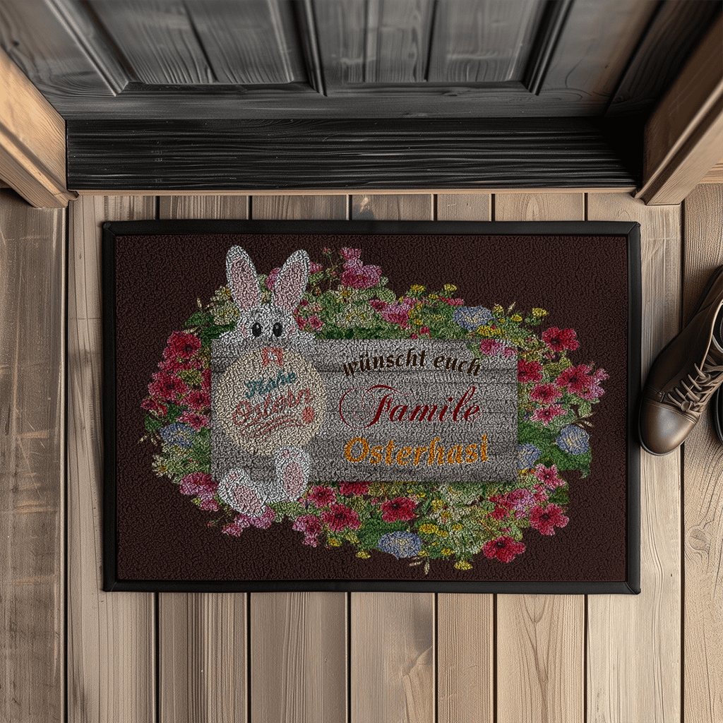 fußmatte-braun-mit-gummirand-zeigt-holzschild-mit-blumen-und-osterhase-verziert-aufschrift-personalisierbar-frohe-ostern-wünscht-familie-osterhasi