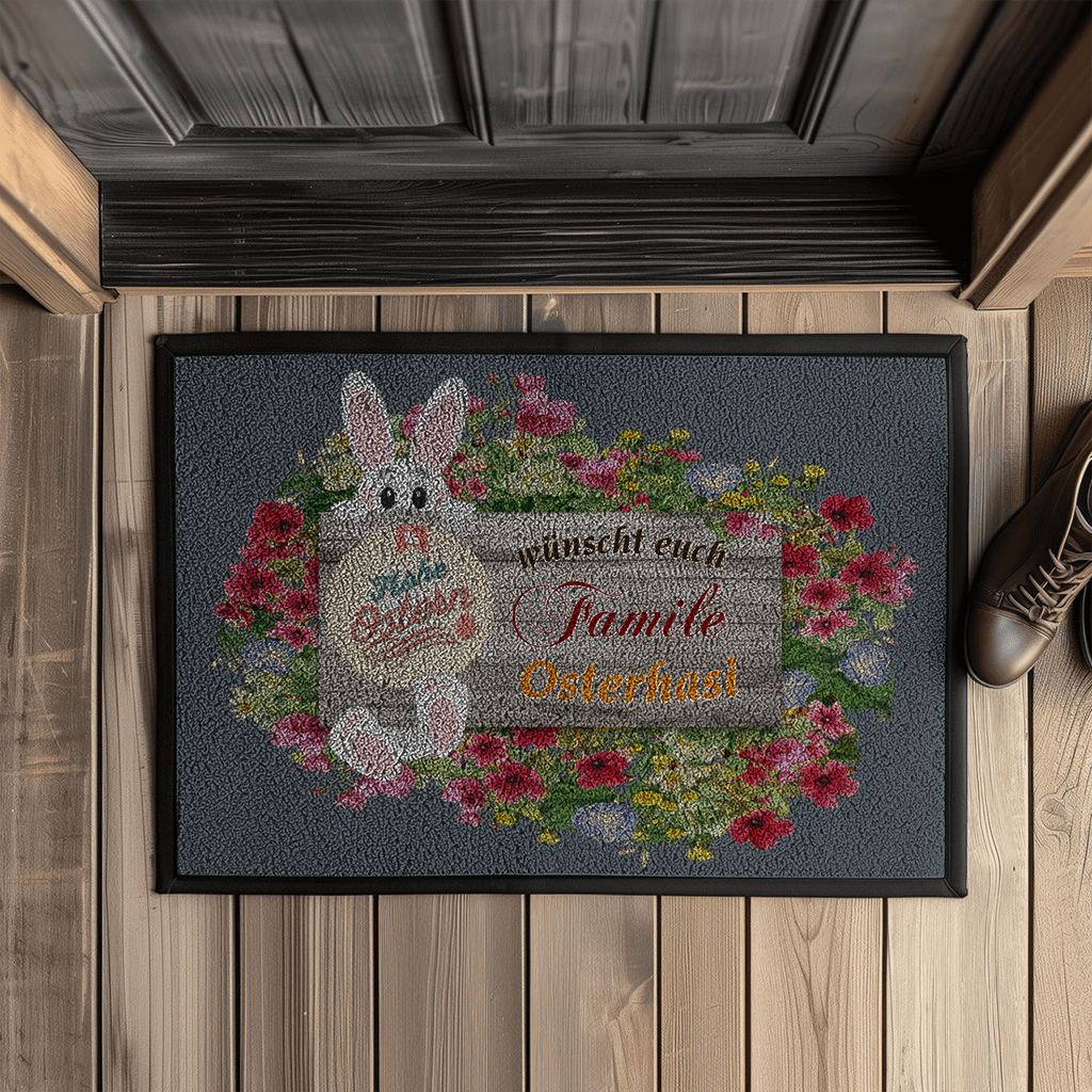 fußmatte-dunkelgrau-mit-gummirand-zeigt-holzschild-mit-blumen-und-osterhase-verziert-aufschrift-personalisierbar-frohe-ostern-wünscht-familie-osterhasi