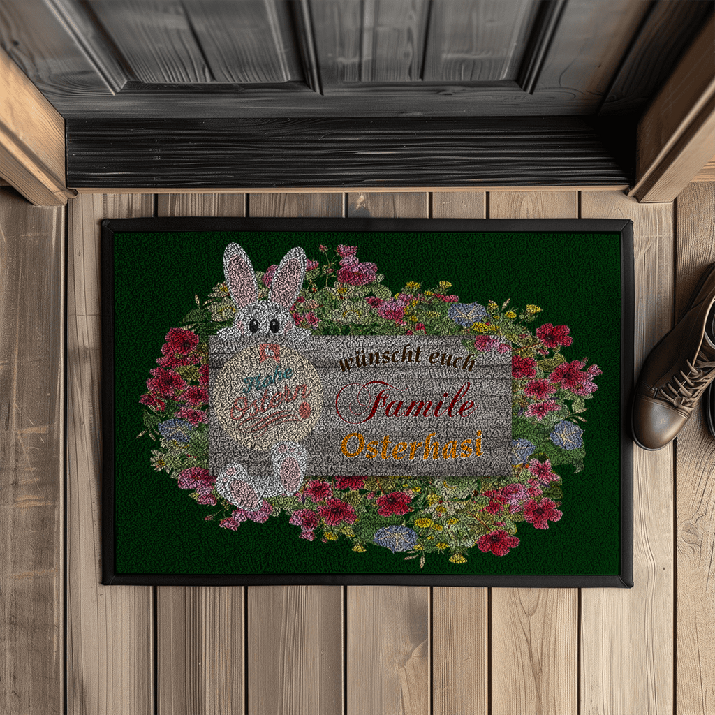 fußmatte-dunkelgrün-mit-gummirand-zeigt-holzschild-mit-blumen-und-osterhase-verziert-aufschrift-personalisierbar-frohe-ostern-wünscht-familie-osterhasi