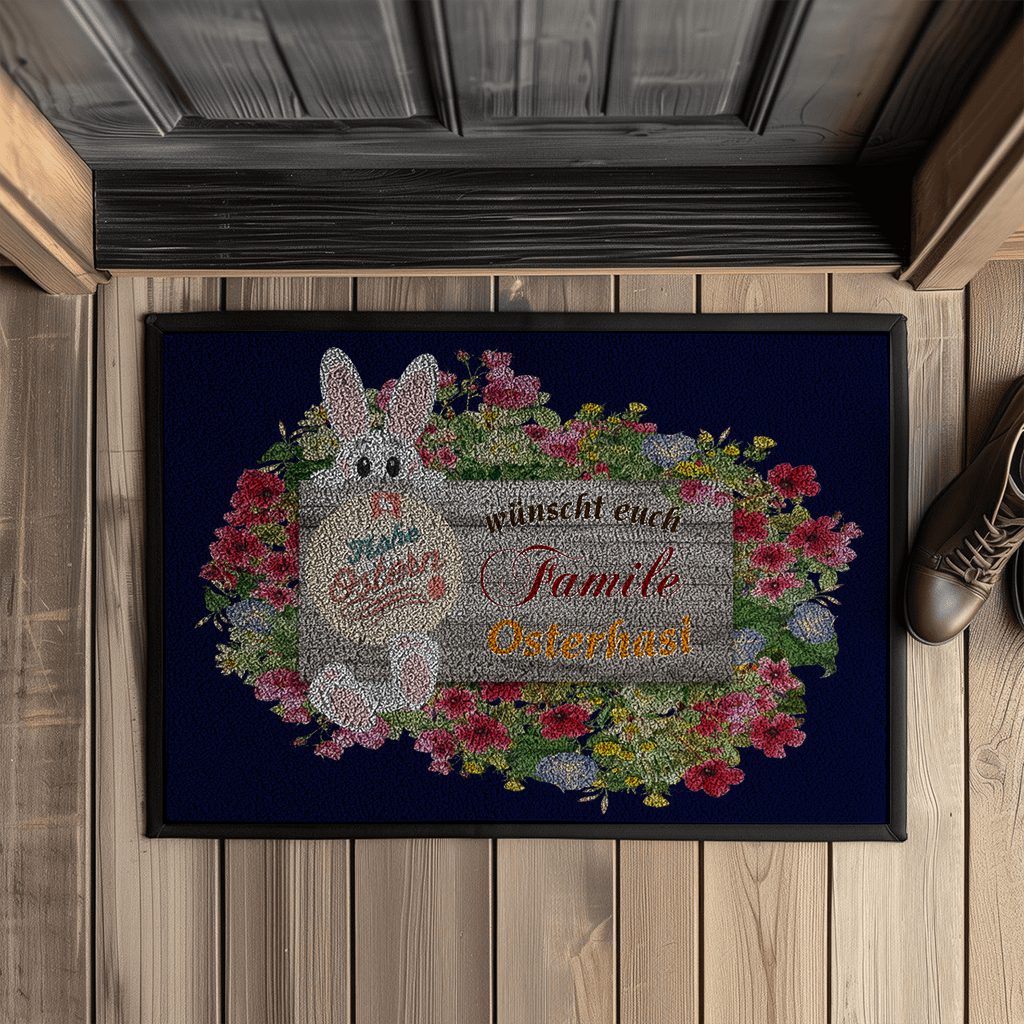 fußmatte-navyblau-mit-gummirand-zeigt-holzschild-mit-blumen-und-osterhase-verziert-aufschrift-personalisierbar-frohe-ostern-wünscht-familie-osterhasi