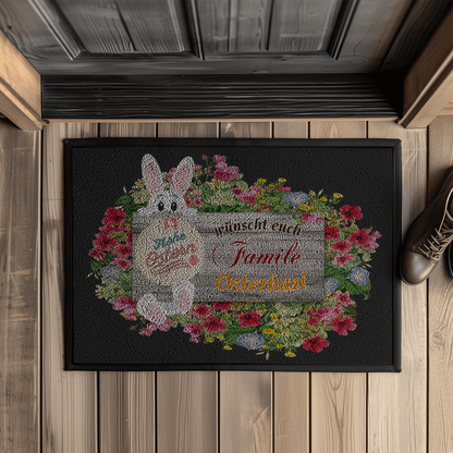 fußmatte-schwarz-mit-gummirand-zeigt-holzschild-mit-blumen-und-osterhase-verziert-aufschrift-personalisierbar-frohe-ostern-wünscht-familie-osterhasi