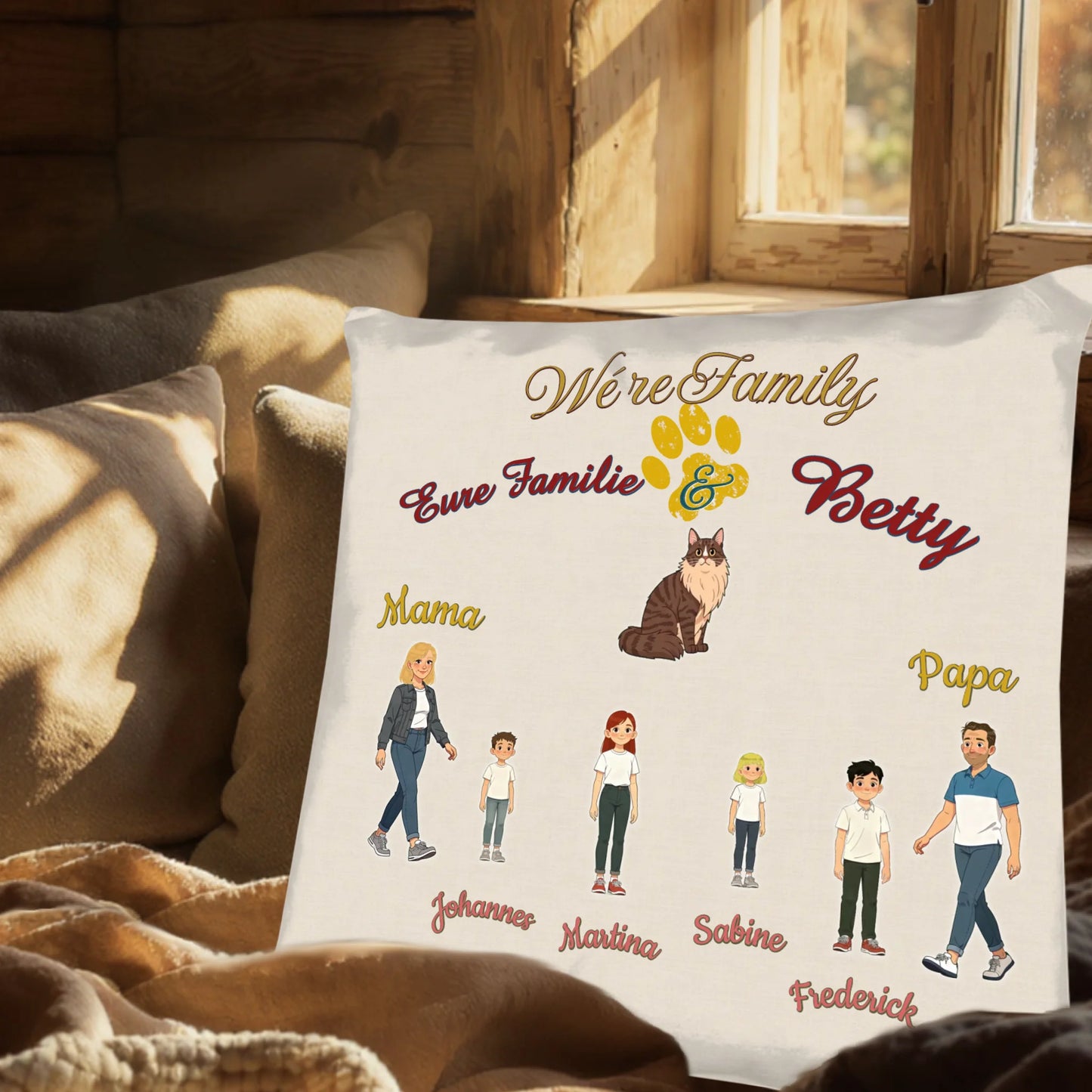 personalisiertes-familien-kissen-mit-katze-illustrierte-darstellung