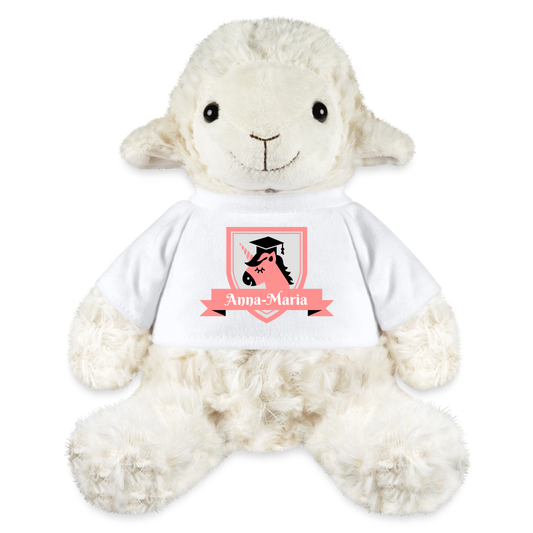 stofftier-lamm-21x20cm-mit-weissem-mit-namen-personalisiertem-shirt-auf-dem-ein-pinkes-wappen-mit-einhorn-abgebildet-ist