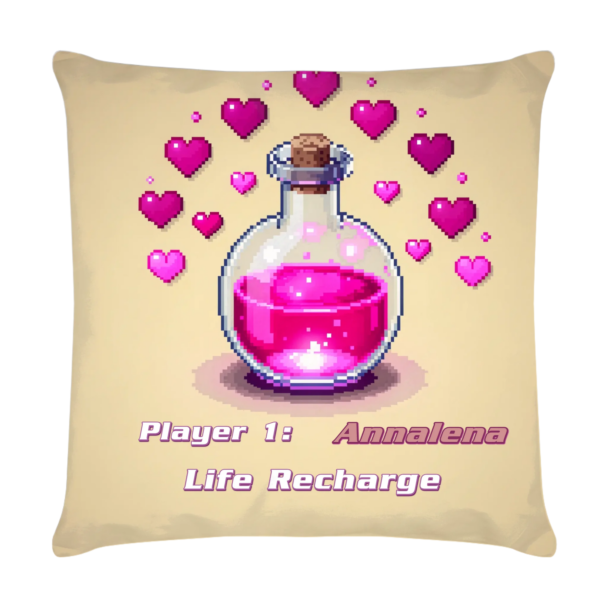 Retro-gaming-kissen-40x40-personalisiert-mit-eigenem-namen-und-einem-magischen-pixel-art-heiltrank-in-magenta