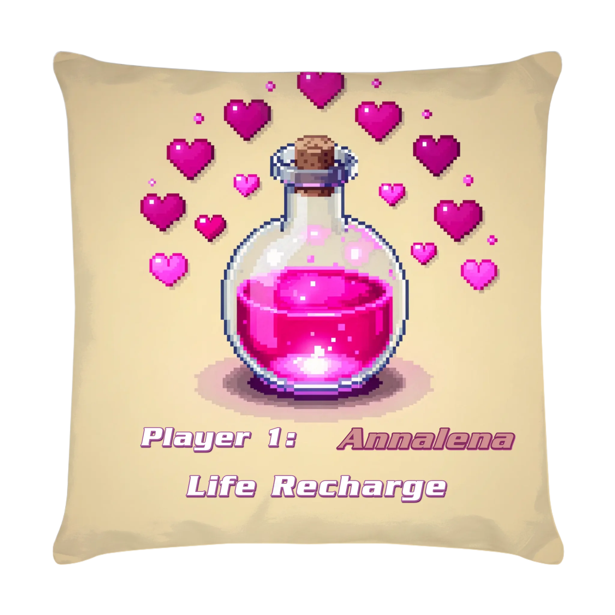 Retro-gaming-kissen-40x40-personalisiert-mit-eigenem-namen-und-einem-magischen-pixel-art-heiltrank-in-magenta