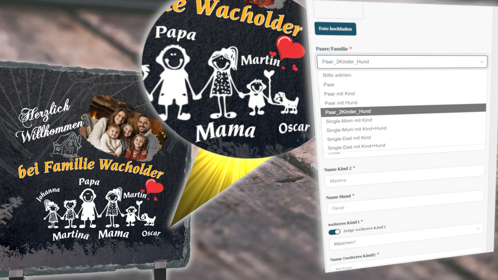 willkommensschild-familie-detailaufnahme-personalisierte-schieferplatte-mit-familienfoto-namen-und-comic-motiv-zu-jedem-namen