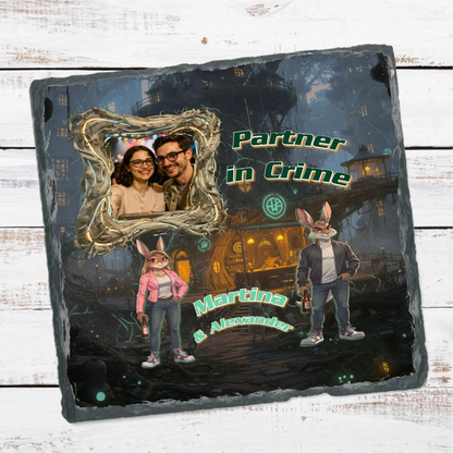 personalisiertes-ostergeschenk-für-partner-schieferplatte-15x15cm-mit-foto-und-namen-über-zwei-hasen-in-streetstyle-kleidung-mit-schriftzug-partner-in-crime-auf-futuristischem-waldmotiv-als-hintergrund
