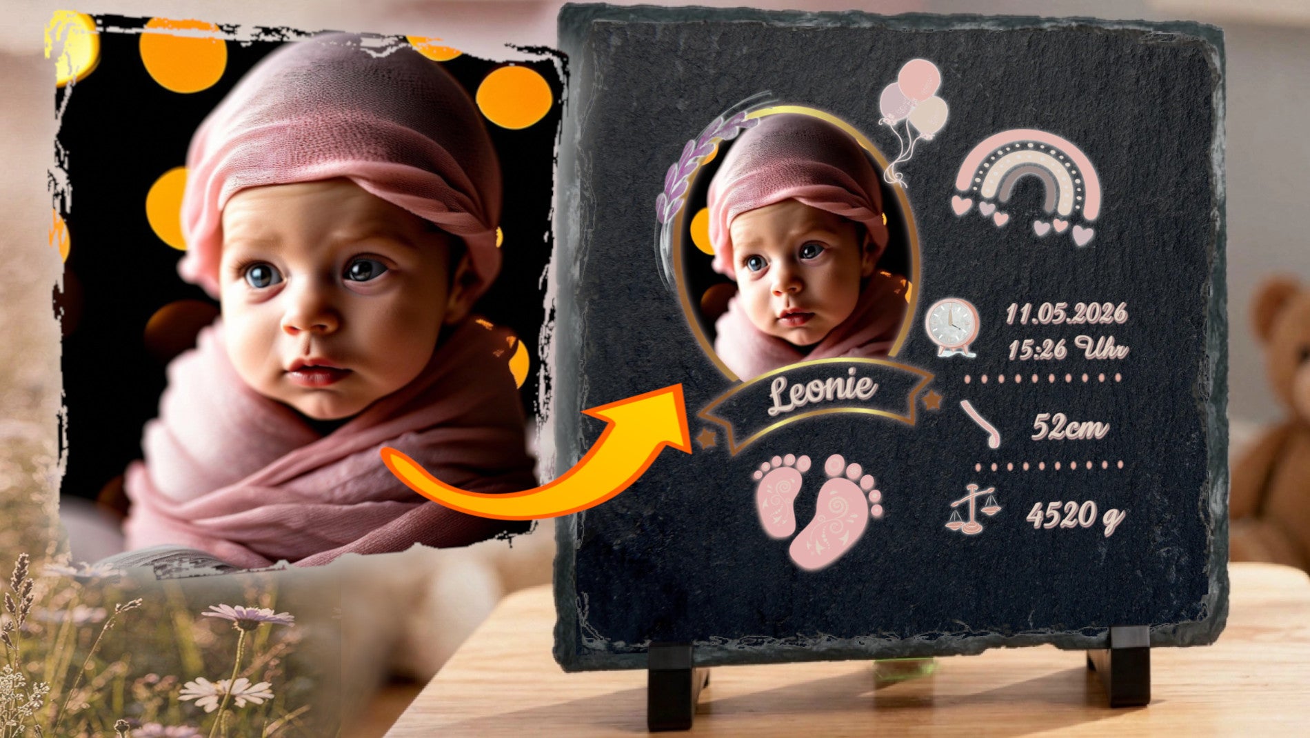 schieferplatte-mit-eigenem-baby-foto-und-geburtsdaten-personalisiert-detailaufnahme-design-in-rosa