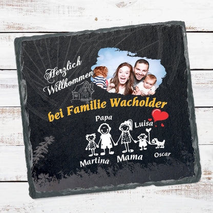 personalisierte-schieferplatte-quadratisch-15x15-cm-design-mit-familienfoto-namen-und-passendem-comic-motiv-zu-jedem-namen