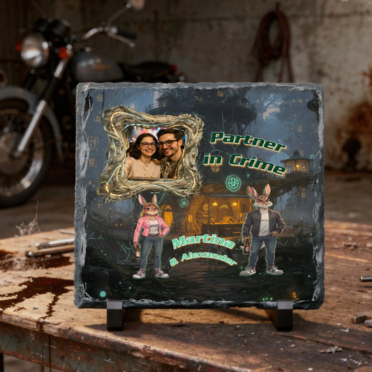 schieferplatte-für-paare-mit-foto-und-namen-über-zwei-hasen-in-streetstyle-kleidung-mit-schriftzug-partner-in-crime-auf-futuristischem-waldmotiv-als-hintergrund