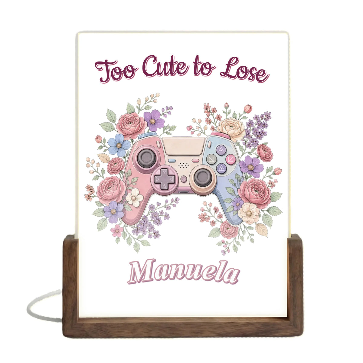 too-cute-to-lose-design-mit-controller-blumen-und-bunten-pastellfarben-auf-acrylglas