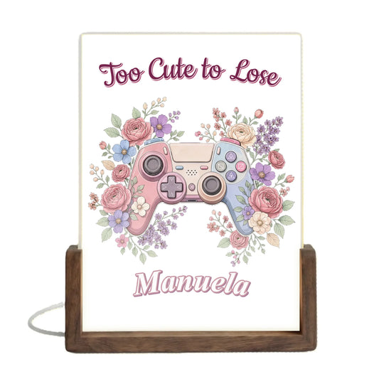 too-cute-to-lose-design-mit-controller-blumen-und-bunten-pastellfarben-auf-acrylglas