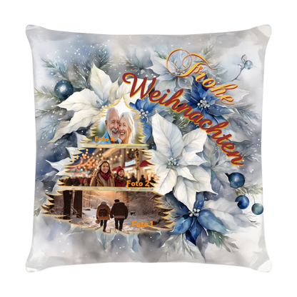 kissen-40x40-cm-mit-foto-collage-vorderseite-mit-collage-mit-drei-eigenen-bildern-in-tannenbaum-form-darueber-schriftzug-frohe-weihnachten-in-gold-gelb-und-weinrot-hintergrund-ist-blume-weihnachtsstern-in-weiss-blau